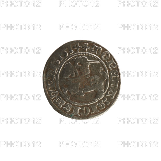 Lithuanian half-grosz, Sigismund I the Old (King of Poland; 1506–1548). Obverse: Pogon (Lithuanian coat of arms) turned left; in the rim between pearl borders an inscription: + COIN:SIGISMVNDI:1514. Reverse: Polish crowned eagle; in the rim between pearl borders an inscription: + MAGNI:DVCIS:LITVANIE:. Dated 1514. Grand Duchy of Lithuania (Vilnius).