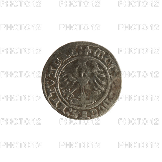 Lithuanian half-grosz, Sigismund I the Old (King of Poland; 1506–1548). Obverse: Pogon (Lithuanian coat of arms) turned left; in the rim between pearl borders an inscription: + COIN:SIGISMVNDI:1514. Reverse: Polish eagle with crown; in the rim between pearl borders an inscription: + MAGNI:DVCIS:LITVANIE:. Dated 1514. Grand Duchy of Lithuania, Vilnius. Materials: coin; subject: Polish-Lithuanian coats of arms; dynasty: Jagiellons.