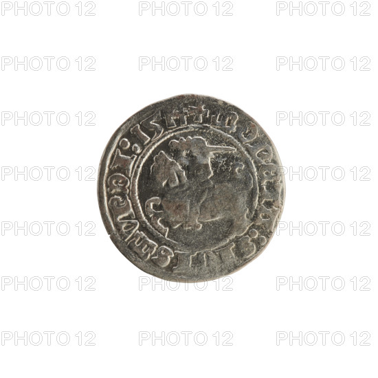 Lithuanian half-grosz, Sigismund I the Old (King of Poland; 1506–1548), 1514. Obverse: Pogon (Lithuanian coat of arms) turned left; legend in rim between pearly borders: + COIN:SIGISMVNDI:1514. Reverse: Polish crowned eagle; legend in rim between pearly borders: + MAG, VCIS:LITVANIE:. Silver coin; Grand Duchy of Lithuania, Vilnius; coats of arms of Poland and Lithuania; Jagiellon dynasty.