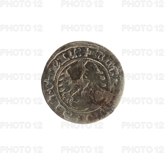 Lithuanian half-grosz, Sigismund I the Old (King of Poland; 1506–1548). Obverse: Pogon (Lithuanian coat of arms) turned left; in the rim between pearly borders an inscription: + COIN:SIGISMVNDI:1514. Reverse: Polish crowned eagle; in the rim between pearly borders an inscription: + MAG. VCIS:LITVANIE:; 1514. Silver coin, Grand Duchy of Lithuania (Vilnius/Poland).