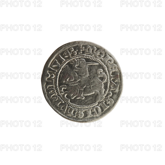 Lithuanian half-grosz, Sigismund I the Old (King of Poland; 1506–1548). Obverse: Pogon (Lithuanian coat of arms) turned left; in the rim between pearl borders an inscription: + COIN:SIGISMVNDI:1514:. Reverse: Polish crowned eagle; in the rim between pearl borders an inscription: + MAGNI:DVC, ITVANIE:, 1514. Silver coin, Grand Duchy of Lithuania, Vilnius.
