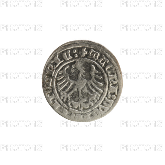 Lithuanian half-grosz, Sigismund I the Old (King of Poland; 1506–1548). Obverse: Pogon (Lithuanian coat of arms) turned left; in the rim between pearl borders an inscription: + COIN:SIGISMVNDI:1514:. Reverse: crowned Polish Eagle; in the rim between pearl borders an inscription: + MAGNI:DVC, ITVANIE:, 1514. Material: coin; context: Grand Duchy of Lithuania, Vilnius, Poland.