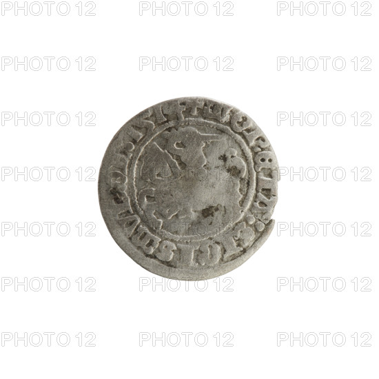 Lithuanian half-grosz, Sigismund I the Old (King of Poland; 1506–1548). Obverse: Pogon (Lithuanian coat of arms) turned left; in the rim between pearl borders an inscription: COIN:SIGISMVNDI:1514. Reverse: Polish crowned eagle; in the rim between pearl borders an inscription: +, AGNI:DVCI:LITVANIE, 1514. Silver coin, Grand Duchy of Lithuania, Vilnius, Poland.