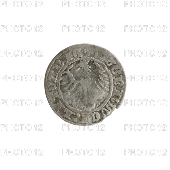 Lithuanian half-grosz, Sigismund I the Old (King of Poland; r. 1506–1548). Silver coin, 1514. Obverse: Pogon (Lithuanian coat of arms) turned left; rim inscription between pearl borders: COIN:SIGISMVNDI:1514. Reverse: crowned Polish eagle; rim inscription between pearl borders: +, AGNI:DVCI:LITVANIE, 1514. Grand Duchy of Lithuania (Vilnius), Poland.