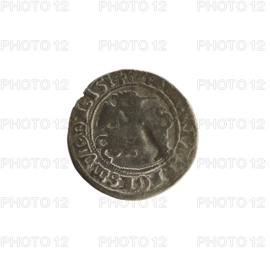 Lithuanian half-grosz, Sigismund I the Old (King of Poland; 1506–1548). Obverse: Pogon (Lithuanian coat of arms) turned left; in the rim between pearl borders an inscription: IGISMVNDI:1514:. Reverse: Polish crowned eagle; in the rim between pearl borders an inscription: + MAGNI:DVC, LITVANIE, 1514. Silver coin, Grand Duchy of Lithuania, Vilnius, 1514.