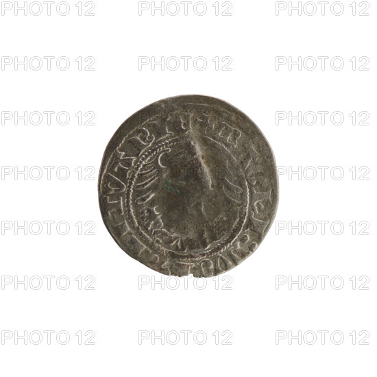 Lithuanian half-grosz, Sigismund I the Old (King of Poland; 1506–1548). Obverse: Pogon (Lithuanian coat of arms) turned left; in the rim between pearl borders an inscription: IGISMVNDI:1514:. Reverse: crowned Polish Eagle; in the rim between pearl borders an inscription: + MAGNI:DVC, LITVANIE, 1514. Coin of the Grand Duchy of Lithuania (Vilnius), 1514.
