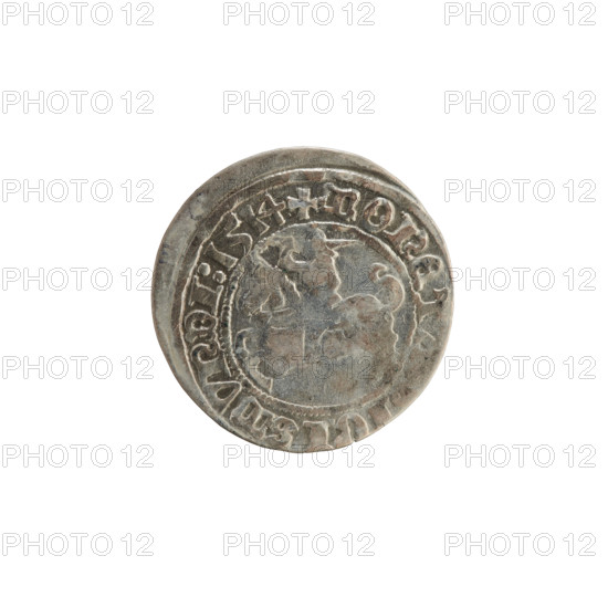 Lithuanian half-grosz, Sigismund I the Old (King of Poland; 1506–1548). Obverse: Pogon (Lithuanian coat of arms) turned left; in the rim between pearl borders an inscription: + MONET, IGISMVNDI:1514. Reverse: Polish crowned eagle; in the rim between pearl borders an inscription: +, I:DVCIS:LITVANIE:, 1514. Silver coin; Grand Duchy of Lithuania, Vilnius; coats of arms: Eagle and Pogon; Jagiellon dynasty.