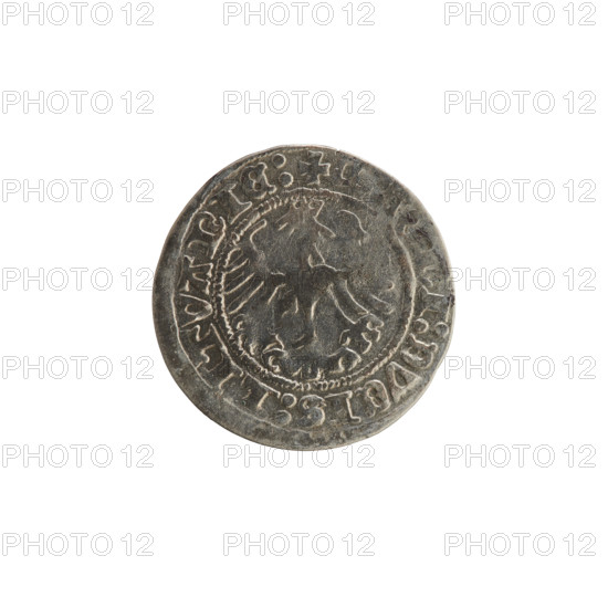 Lithuanian half-grosz, Sigismund I the Old (King of Poland; 1506–1548). Obverse: Pogon (Lithuanian coat of arms) turned left; in the rim between pearl borders an inscription: + MONET, IGISMVNDI:1514. Reverse: Polish crowned eagle; in the rim between pearl borders an inscription: + I:DVCIS:LITVANIE: 1514. Grand Duchy of Lithuania, Vilnius; silver coin.