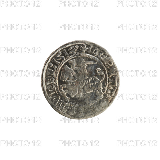 Lithuanian half-grosz, Sigismund I the Old (King of Poland; reign 1506–1548). Silver coin (1514). Obverse: Pogon (Lithuanian coat of arms) turned left; in the rim between beaded borders an inscription: + MONETA:, MVNDI:1514:. Reverse: crowned Polish Eagle; in the rim between beaded borders an inscription: + MAGNI:DVC, TVANIE.:. Grand Duchy of Lithuania (Vilnius).