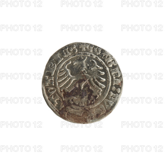 Lithuanian half-grosz, Sigismund I the Old (King of Poland; 1506–1548), 1514. Obverse: Pogon (mounted knight) turned left; in the rim between pearly borders an inscription: + MONETA: MVNDI: 1514. Reverse: Polish crowned eagle; in the rim between pearly borders an inscription: + MAGNI:DVC: TVANIE: 1514. Coin from the Grand Duchy of Lithuania (Vilnius).