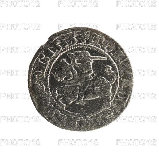Lithuanian half-grosz, Sigismund I the Old (King of Poland; 1506–1548). Obverse: Pogon (Lithuanian coat of arms) turned left; in the rim between pearl borders an inscription: + MO, TA:SIGI, M, NDI:1515. Reverse: Polish crowned eagle; in the rim between pearl borders an inscription: + M, NI:DVCIS:LITVANIE:, 1515. Polish coin, Grand Duchy of Lithuania, Vilnius; Jagiellon dynasty; coats of arms.