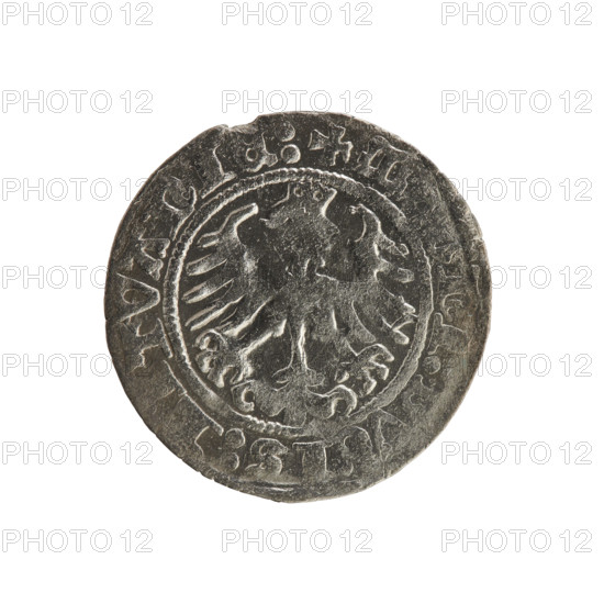 Lithuanian half-grosz, Sigismund I the Old (King of Poland; 1506–1548). Obverse: Pogon (Lithuanian coat of arms) turned left; in the rim between pearl borders an inscription: + MO, TA:SIGI, M, NDI:1515. Reverse: Polish crowned eagle; in the rim between pearly borders an inscription: + M, NI:DVCIS:LITVANIE:, 1515. Grand Duchy of Lithuania; Vilnius; coin.