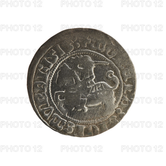 Lithuanian half-grosz, Sigismund I the Old (King of Poland; 1506–1548). Obverse: Pogon (Lithuanian coat of arms) turned left; in the rim between pearl borders an inscription: +MO, ETA:SIGISMVNDI:1514. Reverse: Polish crowned eagle; in the rim between pearl borders an inscription: +MAGNI:DV, VANIE.:., 1515. Polish coin of the Jagiellon dynasty, Grand Duchy of Lithuania (Vilnius).