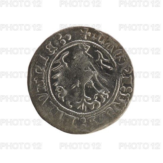 Lithuanian half-grosz, Sigismund I the Old (King of Poland; 1506–1548). Obverse: Pogon (Lithuanian coat of arms) turned left; in the rim between pearl borders an inscription: + MO, ETA:SIGISMVNDI:1514. Reverse: Polish crowned eagle; in the rim between pearl borders an inscription: + MAGNI:DV, VANIE.:., 1515. Materials: coin; period: Grand Duchy of Lithuania / Poland (Jagiellon dynasty).