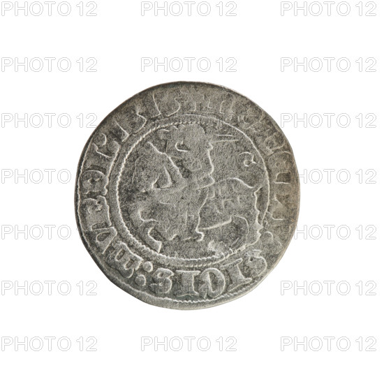Lithuanian half-grosz, Sigismund I the Old (King of Poland; 1506–1548). Obverse: Pogon (Lithuanian coat of arms) turned left; in the rim between pearly borders an inscription: SIGIS:MVNDI:. Reverse: crowned Polish eagle; in the rim between pearly borders an inscription: + MAGNI:DVC, ITVANIE.:. Dated 1515. Grand Duchy of Lithuania (Vilnius). Coin. Jagiellon dynasty; coats of arms (eagle, Pogon).