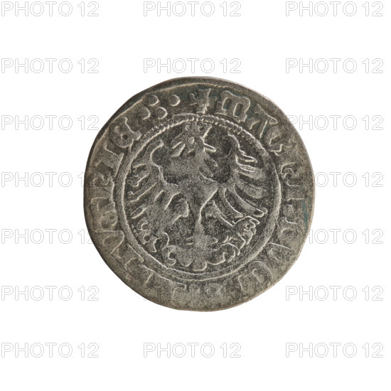 Lithuanian half-grosz, Sigismund I the Old (King of Poland; 1506–1548). Silver coin (1515). Obverse: Pogon (Lithuanian mounted knight) turned left; rim with pearly borders and inscription SIGIS:MVNDI:. Reverse: crowned Polish Eagle; rim with pearly borders and inscription + MAGNI:DVC, ITVANIE.:. Associated coats of arms: Eagle (Poland) and Pogon (Lithuania). Grand Duchy of Lithuania, Vilnius; Poland.