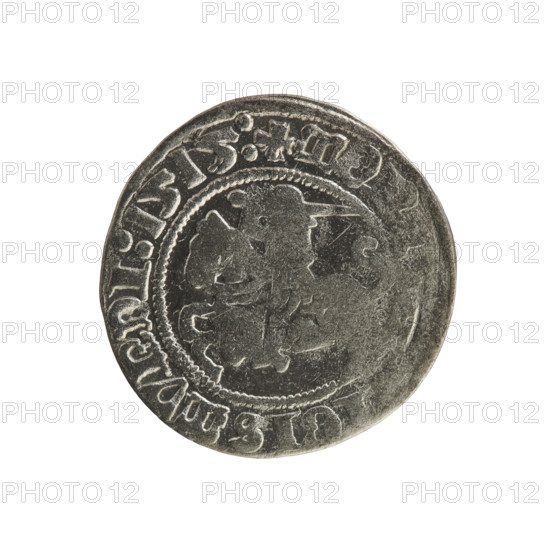 Lithuanian half-grosz, Sigismund I the Old (King of Poland; 1506–1548). Obverse: Pogon (Lithuanian coat of arms) turned left; rim between pearl borders with inscription '+ MO, IGISMVNDI:1515:'. Reverse: Polish crowned eagle; rim between pearl borders with inscription '+ MAGNI:DVCIS:, IE.:, 1515'. Jagiellon dynasty; Grand Duchy of Lithuania; 1515; coin; coats of arms.