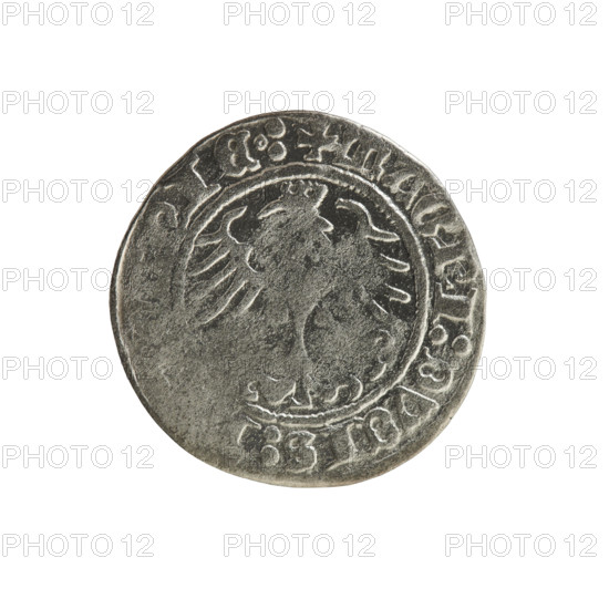 Lithuanian half-grosz, Sigismund I the Old (King of Poland; 1506–1548). Obverse: Pogon (Lithuanian coat of arms) turned left; in the rim between pearl borders an inscription: + MO, IGISMVNDI:1515:. Reverse: crowned Polish Eagle; in the rim between pearl borders an inscription: + MAGNI:DVCIS:, IE.:, 1515. Silver coin, Grand Duchy of Lithuania, Vilnius, 1515.
