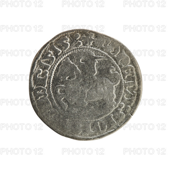 Lithuanian half-grosz, Sigismund I the Old (King of Poland; 1506–1548). Obverse: Pogon (Lithuanian coat of arms) turned left; in the rim between pearl borders an inscription: + ONETA: IGI DI: 1515. Reverse: crowned Polish Eagle; in the rim between pearly borders an inscription: + MAGNI: TVA: 1515. Polish coin, Grand Duchy of Lithuania, Vilnius.