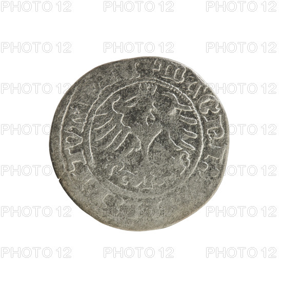 Lithuanian half-grosz, Sigismund I the Old (King of Poland; 1506–1548). Obverse: Pogon (Lithuanian coat of arms) turned left; in the rim between pearl borders an inscription: + ONETA: IGI DI: 1515. Reverse: Polish crowned eagle; in the rim between pearl borders an inscription: + MAGNI: TVA: 1515. Polish coin, Grand Duchy of Lithuania, Vilnius.
