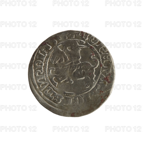 Lithuanian half-grosz, Sigismund I the Old (King of Poland; 1506–1548). Obverse: Pogon (Lithuanian coat of arms) turned left; in rim between pearly borders an inscription: + MONETA:SIGISMVNDI:15. Reverse: Polish crowned eagle; in rim between pearly borders an inscription: + I:DVCIS:LITVANIE:. Dated 1515. Silver coin (Grand Duchy of Lithuania, Vilnius).