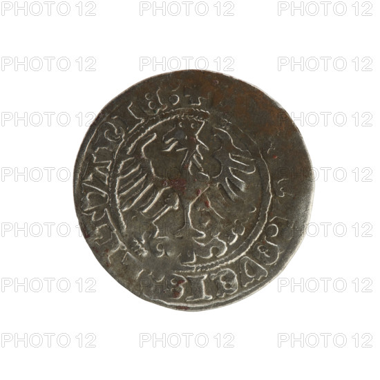 Lithuanian half-grosz (1515) of Sigismund I the Old (King of Poland, 1506–1548). Obverse: Pogon (Lithuanian coat of arms) turned left; rim with pearly borders and inscription + MONETA:SIGISMVNDI:15. Reverse: crowned Polish eagle; rim with pearly borders and inscription + I:DVCIS:LITVANIE:. Grand Duchy of Lithuania; Vilnius. Coins; Polish–Lithuanian (Jagiellon dynasty).