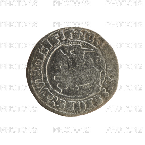 Lithuanian half-grosz, Sigismund I the Old (King of Poland; r. 1506–1548). Obverse: Pogon (Lithuanian coat of arms) turned left; in rim between pearl borders inscription '+ MO, A:SIGIS:MVNDI:1515'. Reverse: Polish crowned eagle; in rim between pearl borders inscription '+ MAGNI, ANIE.:., 1515'. Polish coin (Grand Duchy of Lithuania, Vilnius).
