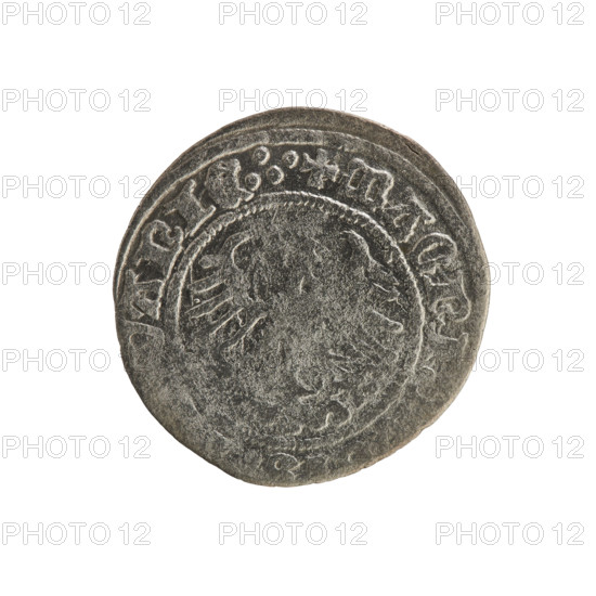 Lithuanian half-grosz, Sigismund I the Old (King of Poland; 1506–1548). Obverse: Pogon (Lithuanian coat of arms) turned left; in the rim between pearl borders an inscription: + MO, A:SIGIS:MVNDI:1515. Reverse: Polish crowned eagle; in the rim between pearly borders an inscription: + MAGNI, ANIE.:., 1515. Polish coin of the Jagiellon dynasty; Grand Duchy of Lithuania, Vilnius.