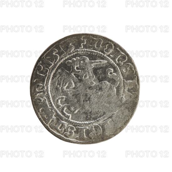 Lithuanian half-grosz, Sigismund I the Old (King of Poland; 1506–1548). Obverse: Pogon (Lithuanian coat of arms) turned left; in the rim between pearl borders an inscription: + MONET, GISM, DI:1515. Reverse: Polish crowned eagle; in the rim between pearl borders an inscription: +, AG, I:DVC, TVANIE.:., 1515. Polish coin of the Jagiellon dynasty; Grand Duchy of Lithuania, Vilnius.