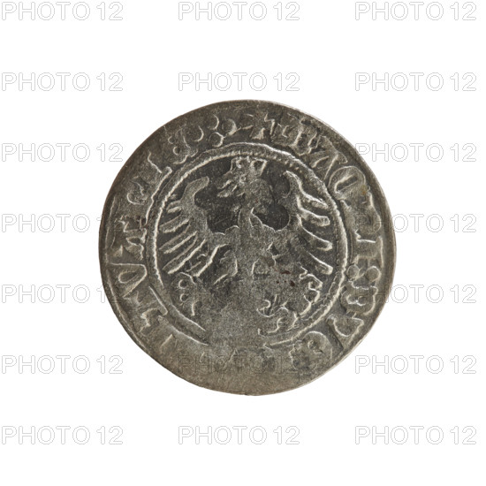 Lithuanian half-grosz, Sigismund I the Old (King of Poland; 1506–1548), 1515. Obverse: Pogon (mounted knight) turned left; rim between pearl borders with inscription '+ MONET, GISM, DI:1515'. Reverse: Polish crowned eagle; rim between pearl borders with inscription '+, AG, I:DVC, TVANIE.:., 1515'. Coats of arms: Pogon and Polish eagle. Grand Duchy of Lithuania (Vilnius), Poland. Coin.