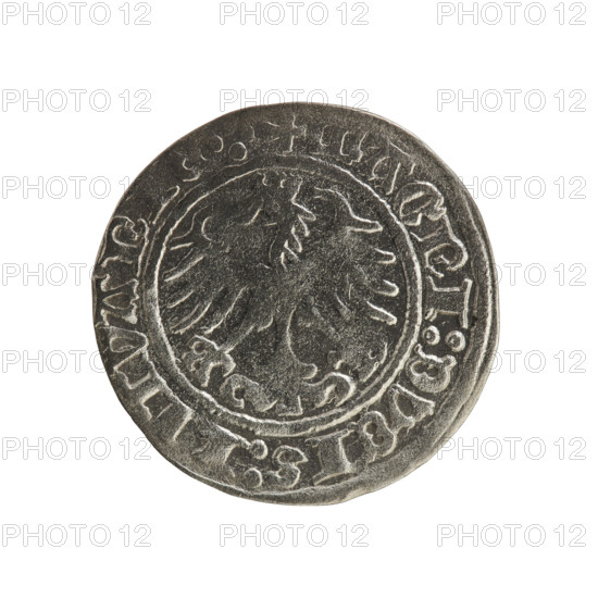Lithuanian half-grosz, Sigismund I the Old (King of Poland; 1506–1548), 1515. Obverse: Pogon (Lithuanian coat of arms) turned left; in the rim between pearl borders an inscription: + COIN:SIGISMVNDI:1515. Reverse: Polish crowned eagle; in the rim between pearl borders an inscription: + MAGNI:DVCIS:LITVANIE.:. Material: coin; associated with the Grand Duchy of Lithuania, Vilnius; Jagiellon dynasty; coats of arms: Eagle and Pogon.