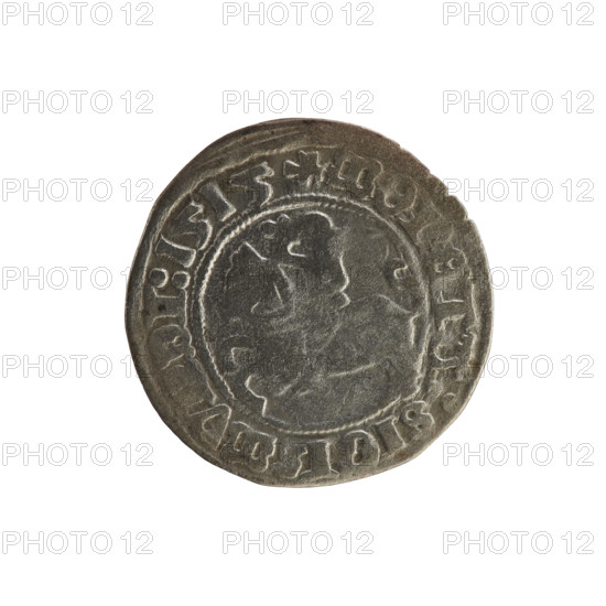 Lithuanian half-grosz, Sigismund I the Old (King of Poland; 1506–1548), 1515. Obverse: Pogon (Lithuanian coat of arms) turned left; in rim between pearl borders an inscription: + COIN:SIGISMV, DI:1515. Reverse: Polish crowned eagle; in rim between pearl borders an inscription: + MAGNI:D, S:LITVANIE, 1515. Materials: coin. Style: Jagiellon-era Polish–Lithuanian coinage; coats of arms: Pogon and Polish eagle.