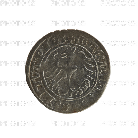Lithuanian half-grosz, Sigismund I the Old (King of Poland; 1506–1548). Obverse: Pogon (Lithuanian coat of arms) turned left; in the rim between pearl borders an inscription: + COIN:SIGISMV, DI:1515. Reverse: Polish crowned eagle; in the rim between pearl borders an inscription: + MAGNI:D, S:LITVANIE, 1515. Polish coin of the Jagiellon dynasty; coats of arms; Vilnius; Grand Duchy of Lithuania.