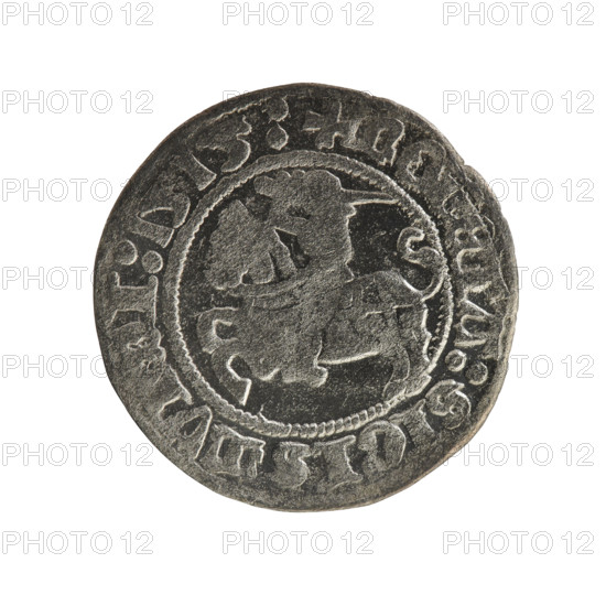 Lithuanian half-grosz, Sigismund I the Old (1506–1548). Obverse: Pogon (Lithuanian coat of arms) turned left; in the rim between pearl borders an inscription: + MO, ETA:SIGISMV, I:1515:. Reverse: Polish crowned eagle; in the rim between pearl borders an inscription: + MAGNI:DVCIS:LITVANIE:. 1515. Coin of the Grand Duchy of Lithuania.