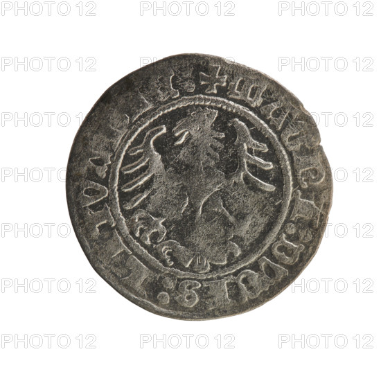 Lithuanian half-grosz, Sigismund I the Old (King of Poland; 1506–1548). Obverse: Pogon (Lithuanian coat of arms) turned left; in rim between pearl borders an inscription: +MO, ETA:SIGISMV, I:1515:. Reverse: Polish crowned eagle; in rim between pearl borders an inscription: +MAGNI:DVCIS:LITVANIE:. 1515. Polish coin of the Jagiellon dynasty; Grand Duchy of Lithuania; Vilnius.