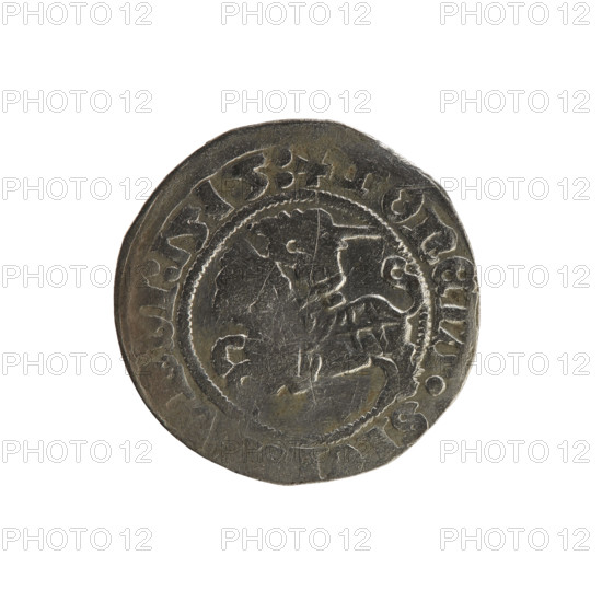 Lithuanian half-grosz, Sigismund I the Old (King of Poland; 1506–1548). Obverse: Pogon (Lithuanian coat of arms) turned left; in the rim between pearly borders an inscription: +ONETA:SI:DI:1515:. Reverse: Crowned Polish eagle; in the rim between pearly borders an inscription: GNI:DVCIS:LITV:1515. Polish coin of the Jagiellon dynasty, Grand Duchy of Lithuania, 1515.