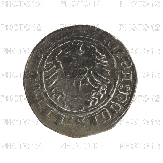 Lithuanian half-grosz, Sigismund I the Old (King of Poland; 1506–1548). Silver coin (1515). Obverse: Pogon (Lithuanian charging knight) turned left; in rim between beaded borders an inscription: + ONETA:SI: DI:1515. Reverse: Polish crowned eagle; in rim between beaded borders an inscription: GNI:DVCIS: LITV: 1515. Coats of arms: Pogon and Polish eagle. Grand Duchy of Lithuania; Vilnius; Polish–Lithuanian context.