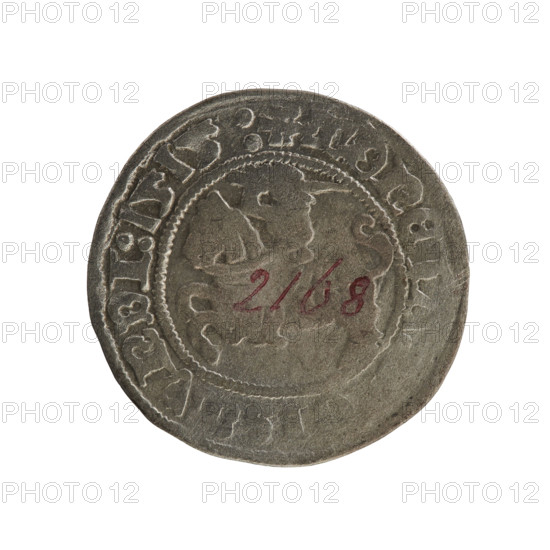 Lithuanian half-grosz, Sigismund I the Old (king of Poland; 1506–1548). Obverse: Pogon turned left; in the rim between pearl borders an inscription: + MONET, VNDI:1515:. Reverse: Polish Eagle with a crown; in the rim between pearly borders an inscription: + MAGNI:DVCIS:L, 1515. R8 (rarity). Polish coin of the Jagiellonian dynasty; coats of arms: eagles and Pogon. Grand Duchy of Lithuania, Vilnius, Poland. coin
