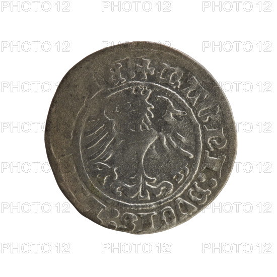 Lithuanian half-grosz, Sigismund I the Old (king of Poland; 1506–1548). R8 (rarity). Polish coin of the Jagiellonian dynasty. Obverse: Pogon (mounted knight) turned left; in the rim between pearl borders an inscription: + MONET, VNDI:1515:. Reverse: Polish eagle with a crown; in the rim between pearly borders an inscription: + MAGNI:DVCIS:L, 1515. Grand Duchy of Lithuania, Vilnius.