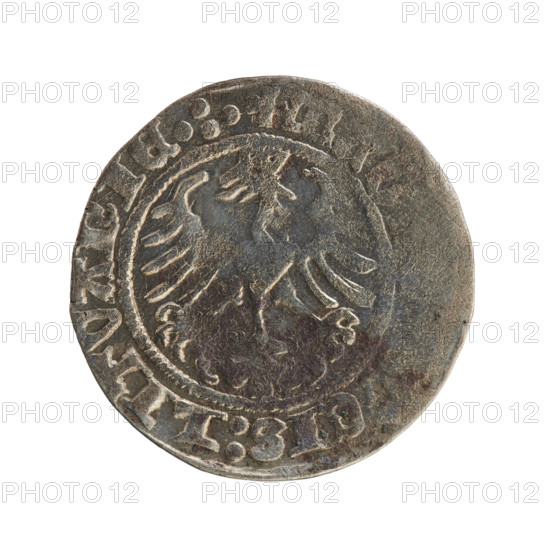 Lithuanian half-grosz, Sigismund I the Old (King of Poland; 1506–1548). Obverse: Pogon (Lithuanian charging knight) turned left; in rim between pearl borders an inscription: + M, IGISMVNDI:1515. Reverse: Polish crowned Eagle; in rim between pearl borders an inscription: + M, CIS:LITVANIE.:., 1515. Coin from Grand Duchy of Lithuania, Vilnius.