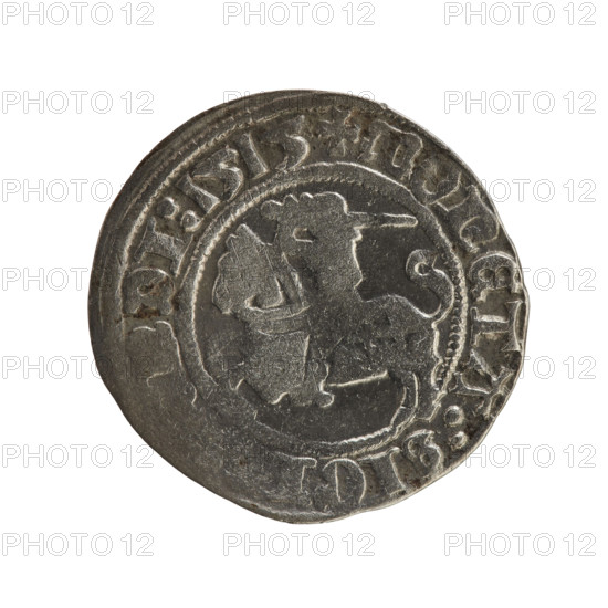 Lithuanian half-grosz, Sigismund I the Old (King of Poland; 1506–1548), 1515. Obverse: Pogon (Lithuanian coat of arms) turned left; rim inscription between pearl borders: + COIN:SIGI, DI:1515. Reverse: Crowned Polish eagle; rim inscription between pearl borders: I:DVCIS:LITVANIE, 1515. Silver coin from the Grand Duchy of Lithuania (Vilnius), Jagiellon dynasty; coats of arms present.