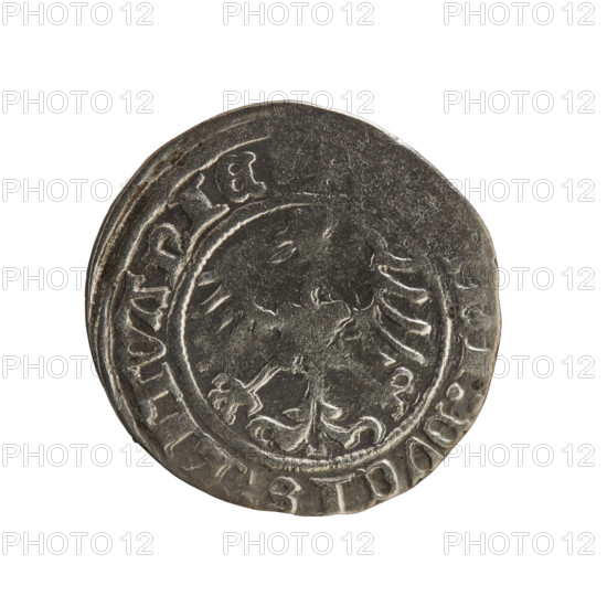 Lithuanian half-grosz, Sigismund I the Old (King of Poland; 1506–1548), 1515. Obverse: Pogon (Lithuanian coat of arms) turned left; rim between pearl borders with inscription '+ COIN:SIGI, DI:1515'. Reverse: crowned Polish eagle; rim between pearl borders with inscription 'I:DVCIS:LITVANIE, 1515'. Grand Duchy of Lithuania; coin.
