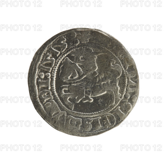 Lithuanian half-grosz, Sigismund I the Old (king of Poland; 1506–1548). R8 (rarity). Polish coin from 1515; Grand Duchy of Lithuania, Vilnius. Obverse: Pogon (mounted knight) turned left; in the rim between pearl borders an inscription: + ETA:SIGISMV, DI:1515:. Reverse: Polish crowned eagle; in the rim between pearl borders an inscription: I:DVCIS:, VANIE:, 1515. Subjects/themes: Jagiellonian dynasty, eagles, coats of arms. Materials/function: coin.