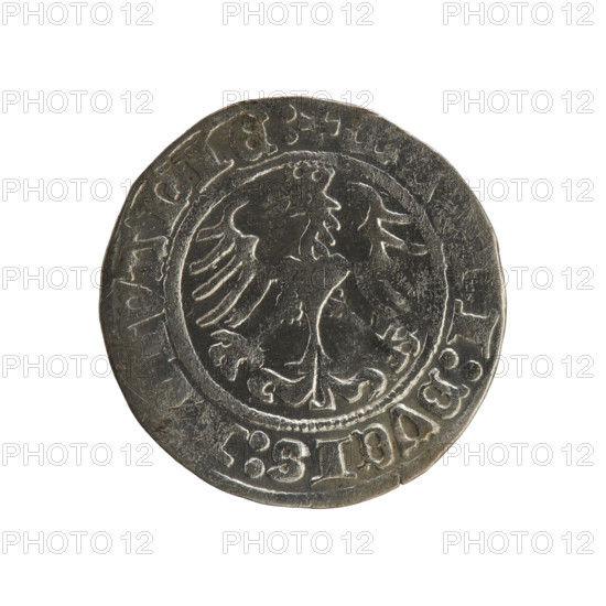 Lithuanian half-grosz, Sigismund I the Old (king of Poland; 1506–1548). R8 (rarity). Polish coin, 1515. Obverse: Pogon turned left; in rim between pearl borders inscription: + ETA:SIGISMV, DI:1515:. Reverse: Polish crowned eagle; in rim between pearl borders inscription: I:DVCIS:, VANIE:, 1515. Grand Duchy of Lithuania, Vilnius. Coats of arms: Pogon (Lithuania), Polish eagle. Jagiellonian dynasty. Materials and minting: coin.