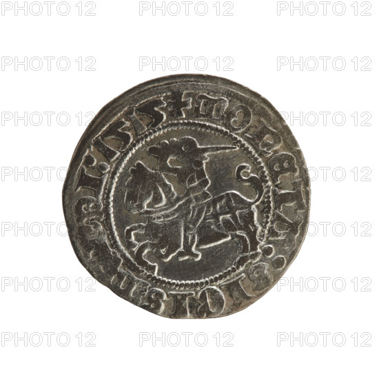 Lithuanian half-grosz, Sigismund I the Old (King of Poland; 1506–1548). Obverse: Pogon (Lithuanian coat of arms) turned left; in the rim between pearl borders an inscription: + COIN:SIGISM, DI:1515. Reverse: Polish crowned eagle; in the rim between pearl borders an inscription: AGNI:DV, I, LITVANIE.:., 1515. Grand Duchy of Lithuania, Vilnius; coin.