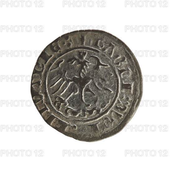 Lithuanian half-grosz, Sigismund I the Old (King of Poland; 1506–1548). Obverse: Pogon (Lithuanian coat of arms) turned left; in the rim between pearled borders an inscription '+ COIN:SIGISM, DI:1515'. Reverse: Polish crowned eagle; in the rim between pearled borders an inscription 'AGNI:DV, I, LITVANIE.:.', dated 1515. Grand Duchy of Lithuania (Vilnius).