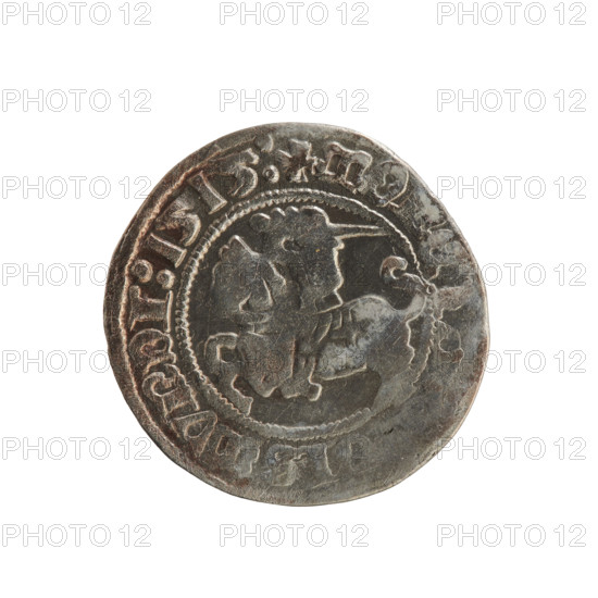 Lithuanian half-grosz, Sigismund I the Old (King of Poland; 1506–1548). Obverse: Pogon (Lithuanian coat of arms) turned left; rim inscription between beaded borders: +MONET, GISMVNDI:1515:. Reverse: crowned Polish eagle; rim inscription between beaded borders: +MAG, LITVANIE:, 1515. Jagiellon dynasty; Grand Duchy of Lithuania; coin.