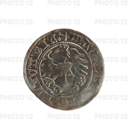 Lithuanian half-grosz, Sigismund I the Old (King of Poland; 1506–1548). Obverse: Pogon (Lithuanian coat of arms) turned left; in the rim between pearly borders the inscription '+ MONET, GISMVNDI:1515:'. Reverse: Polish crowned eagle; in the rim between pearly borders the inscription '+ MAG, LITVANIE:'. 1515. Grand Duchy of Lithuania (Vilnius). Coin; Jagiellon dynasty; coats of arms: eagles.
