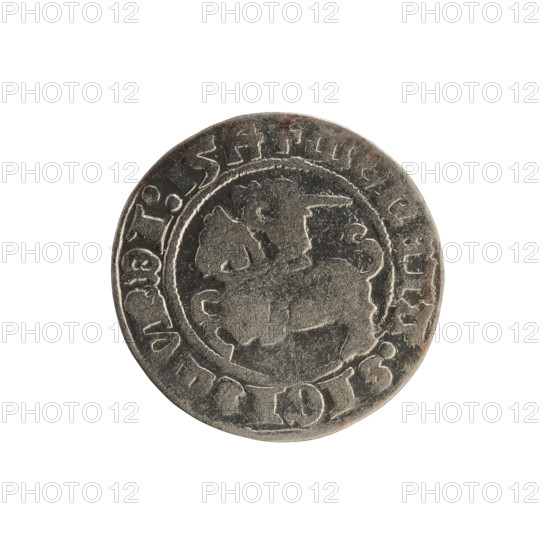 Lithuanian half-grosz, Sigismund I the Old (King of Poland; 1506–1548). Obverse: Pogon (Lithuanian coat of arms) turned left; in the rim between pearl borders an inscription: + COIN:SIGISMV, DI:1514. Reverse: Polish crowned eagle; in the rim between pearl borders an inscription: + MAGNI:DVCIS:LITVA, E:, 1514. Silver coin from the Grand Duchy of Lithuania, Vilnius.