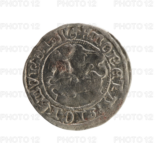 Lithuanian half-grosz, Sigismund I the Old (King of Poland; 1506–1548). Obv.: Pogon (coat of arms of Lithuania) turned left; in the rim between pearly borders an inscription: + MONETA:SIGI, MVNDI, 16. Rev.: Polish eagle with a crown; in the rim between pearly borders an inscription: + MAGNI:DVCIS:LI, VANIE, 1516. Jagiellon dynasty; Grand Duchy of Lithuania; Vilnius; coin; coats of arms.